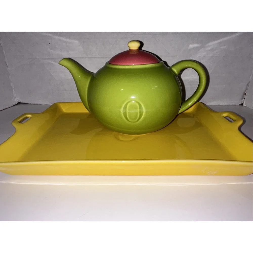 Tea Set Teapot‎ Two Mugs & Tray Green Pink Yellow Color Block 4pc Oprah Winfrey
